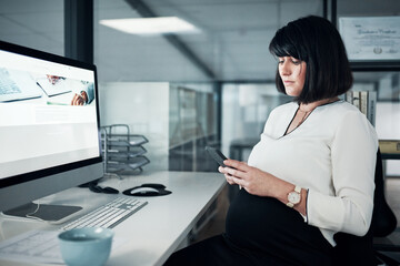 Poster - My job is to deal with client complaints. an attractive pregnant businesswoman sitting alone in the office and using her cellphone.