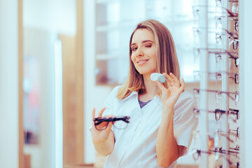 Wall Mural - 
Optometrist Showing Corrective Options from Glasses to Contact Lenses. Eye doctor giving alternatives to a myopic patient 
