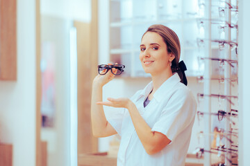 Poster - Professional Optician Recommending a Type of Eyeglasses Frames. Smiling friendly optometrist working in an eye care clinic selling glasses
