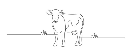 Aufkleber - Cow in One continuous line drawing. Milk cattle animal on pasture symbol and beef meat farm concept in simple linear style. Editable stroke. Doodle vector illustration Generative AI