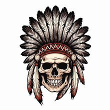 Vector Illustration Of Skull Head Aborogin Apache Native American Indian Face With Feather Hat Traditional Ethnic Culture