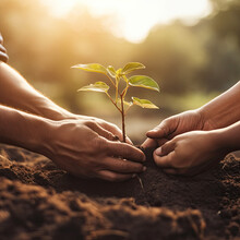 Two Men Planting A Tree Concept Of World Environment Day Planting Forest, Nature, And Ecology A Young Man's Hands Are Planting Saplings And Trees That Grow In The Soil While Working To Save The World.