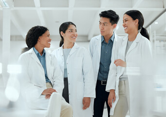 Poster - Happiness can be scientifically crafted. a happy team of scientists together in their lab.