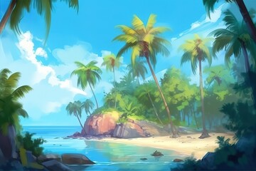 Poster - a picture depicting palm palms on a beach in a tropical setting Generative AI