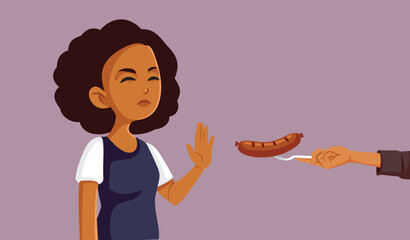 Vegan Girl Saying no to Meat Sausage Vector Cartoon Illustration. Vegetarian woman not eating any meat products
