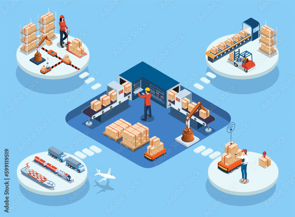 3D Isometric Logistics Supply Chain Management and Delivery concept ...