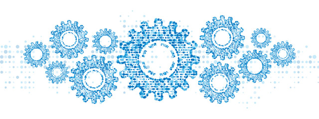 Poster - Blue mechanical vector background frame. Texture of gears made of plexus dots. Pattern of linear particles, circles, spheres. Poster for presentation, technology, medicine, business.