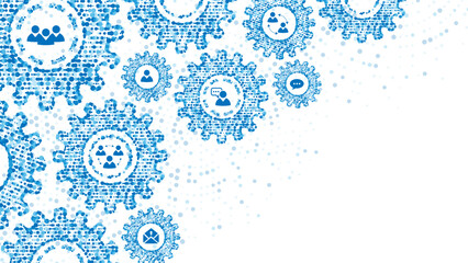 Poster - Blue mechanical vector background frame. Symbols, icons people, communication, social networks. Texture  gears, plexus dots. Pattern linear particles, circles. Banner  presentation, technology
