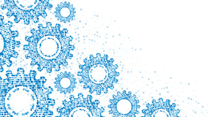 Poster - Blue mechanical vector background frame. Texture of gears made of plexus dots. Pattern of linear particles, circles, spheres. Poster for presentation, technology, medicine, business.