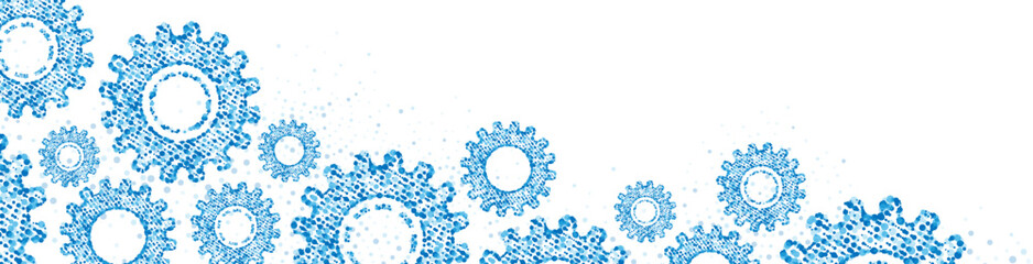 Poster - Blue mechanical vector background frame. Texture of gears made of plexus dots. Pattern of linear particles, circles, spheres. Poster for presentation, technology, medicine, business.