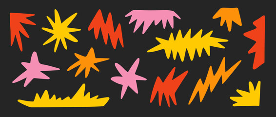 Poster - Hand drawn sparks and twinkles collection. Abstract doodle sparkle, stars, bolts and zigzag shapes pack. Groovy funky cartoon elements bundle for collages, posters, stickers. Vector illustration