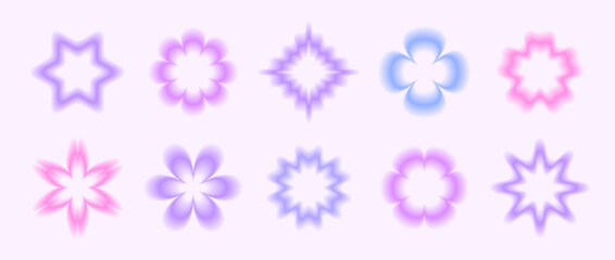 Poster - Y2k smooth gradient flowers set. Pastel blurry flower aura collection. Abstract blurred trendy elements for logo, templates, badges, stickers. Vector illustration pack 