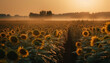 Sunflowers bloom, a golden landscape at dawn generated by AI