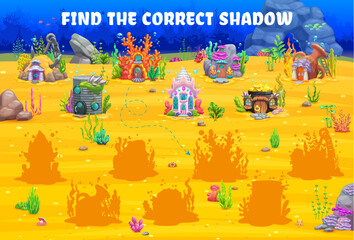 Poster - Find the correct shadow of cartoon fairytale underwater house buildings. Similarity search kids vector puzzle or quiz with sea shell, oil barrel and jug, coral, pot with treasure, fantasy dwelling