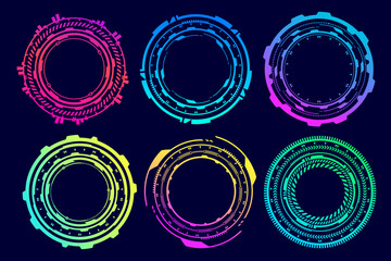 Sticker - HUD futuristic elements. Abstract optical neon aim. Circle geometric shapes for virtual interface and games. Camera viewfinder for sniper weapon. Vector set