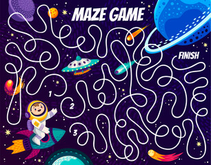 Poster - Space labyrinth maze, help to astronaut to find his planet in galaxy. Kids vector board game worksheet with cosmonaut on tangled path with start and finish on cosmic landscape. Cartoon riddle test