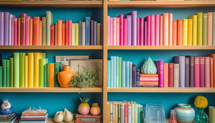 Canvas Print - Modern bookshelf collection adds decoration to home interior generated by AI