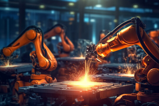 Industrial Concepts, iot, automation robotic arm machine and monitoring system software, Welding robotics and digital and industrial manufacturing operations. Ai generative