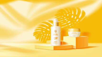 Yellow or orange podium mockup with cosmetics. Luxury cosmetics package promo composition, skincare lotion or cream presentation showcase realistic vector platform with monstera plant leaves shadow