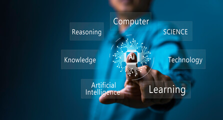 Poster - AI technology in everyday life. Technology and people concept man use AI to help work, AI Learning and Artificial Intelligence Concept. Business, modern technology, internet and networking concept.