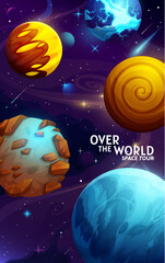 Poster - Cartoon galaxy space planets poster. Space exploration, universe flight or galaxy adventure vector vertical poster. Astronomy research banner or flyer with fantastic rock, ice lava and water planets