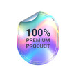 Product premium quality hologram ellipse sticker. Official certificate iridescent emblem, certified metal hologram vector tag or premium holographic label. Product quality shiny sticker with bent side