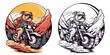 a bulldog on a motorcycle, riding through a scenic mountain road.Illustration of T-shirt design graphic.