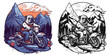 a bulldog on a motorcycle, riding through a scenic mountain road.Illustration of T-shirt design graphic.