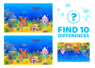 Aufkleber - Find ten differences cartoon sea underwater landscape with fairytale house buildings. Kids vector game worksheet with cartoon mermaid fantasy dwellings coral, tin can, anchor or seashell on sea bottom