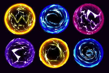Poster - Cartoon electric lightning glow ball neon set. Magic energy sphere isolated on black background. Abstract spark element in blue, violet, yellow and pink color. Thunderbolt circle portal illustration
