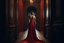 Red Dress Gorgeous Woman Backdrop Generative AI