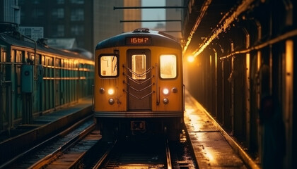 Poster - Yellow headlights illuminate modern subway train at dusk generated by AI