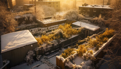 Poster - Sunset over winter forest, beauty in nature generated by AI