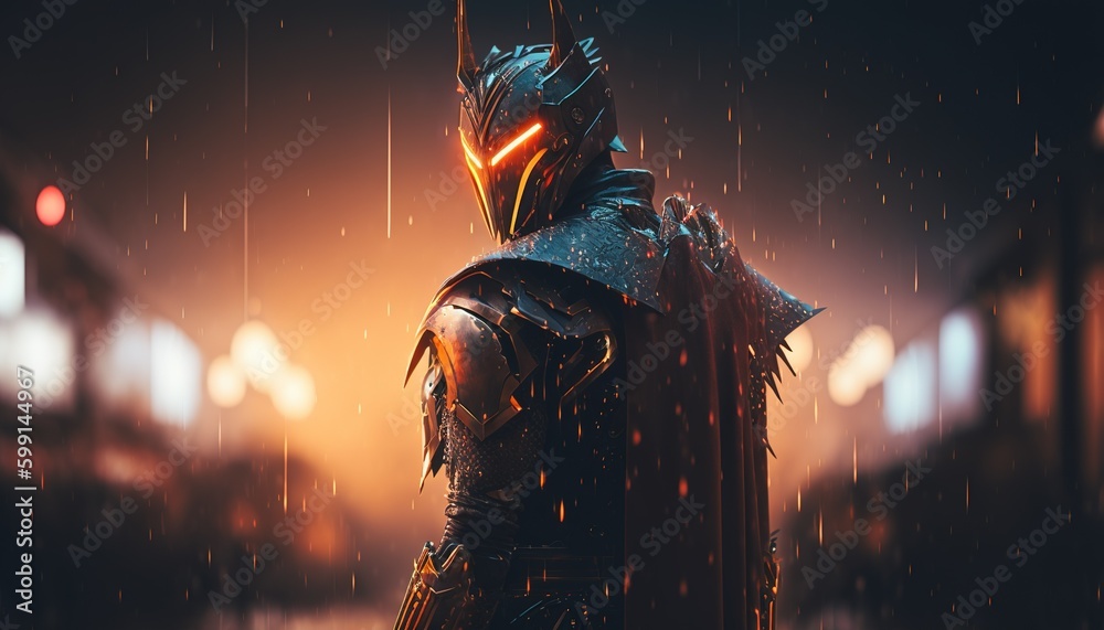 Warrior epic composition in bit rain in cinematic light in the city of ...