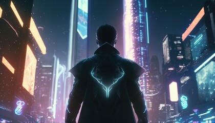 Poster - A boy standing Cyberpunk futuristic cityscape with a neon skyline digital conceptual illustration night city street scene, steampunk, sci-fi, fantasy, illustration. Generative AI image.