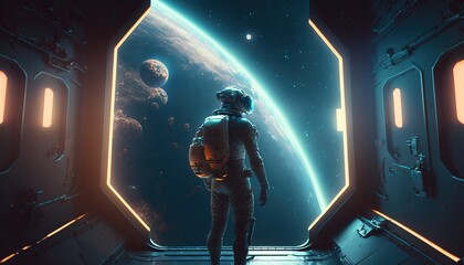 Poster - Astronauts look through a spaceship window to planet in space, astronauts in space with blue theme background. Generative AI