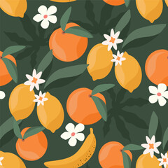Wall Mural - vector seamless pattern with  lemon, oranges, bananas and palm leaves. bright pattern in a flat style for printing onto fabric, wrapping paper. summer tropical background