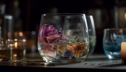 Canvas Print - Transparent glass vase holds fresh yellow blossom generated by AI