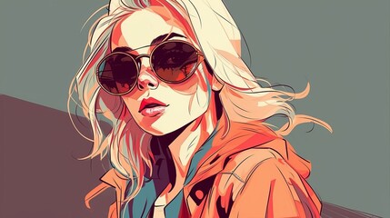 Wall Mural - Girl, American comic style, cartoon style, exaggerated, 2d, model in sunglasses, model in dress, Generative AI