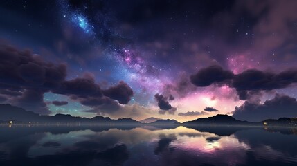 Poster - The night view on the brilliant lights and clouds. This is a surreal and complex cg rendering, purple, rainbow light, soft and smooth clouds, wide lake, starry sky, Milky Way, Generative AI