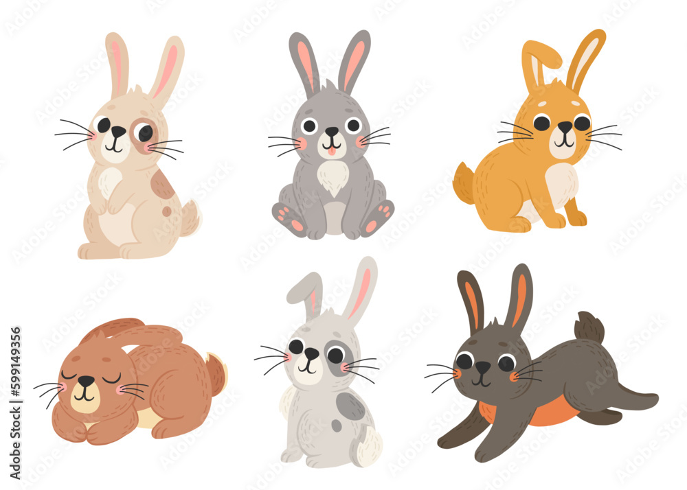 Vector set of cute rabbits in cartoon style. Bunny pet silhouette in ...