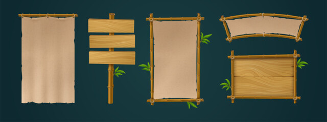 Poster - sign boards from bamboo frames, wooden planks and paper. game menu banners of wood signboards with h