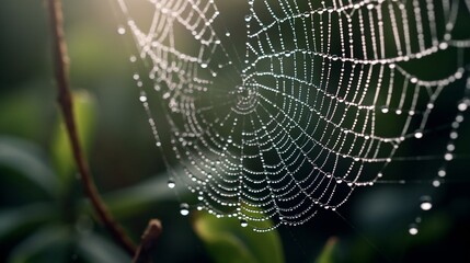 Wall Mural - beautiful cobwebs after the rain in a summer park