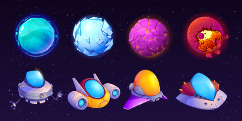 Poster - cartoon set of alien ufo and planets isolated on night starry sky background. vector illustration of