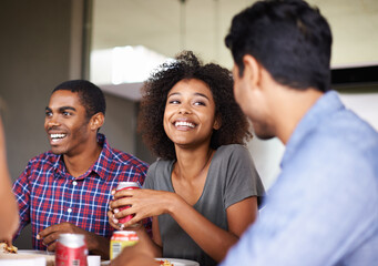 Happy woman, drinks or friends eating in restaurant on holiday vacation bonding or laughing together. Smile, diversity or funny people relaxing with sodas at lunch gathering or party with fast food