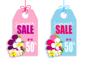 Set of 2 summer sale label templates with violet flowers on pink and blue background