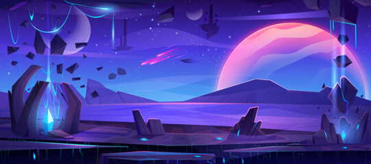Poster - cartoon alien planet landscape with neon blue crystals. vector illustration of space adventure game 