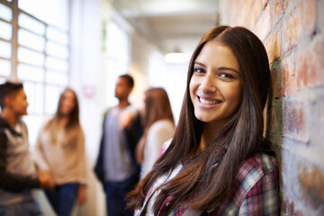 Sticker - Education, happy and portrait of woman in college hallway for studying, learning and scholarship. Future, happy and knowledge with student leaning against wall for university, relax and campus