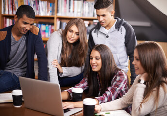Aufkleber - University, friends and people in library on laptop for online research, studying and learning. Education, academy and happy men and women students on computer for knowledge, internet and website