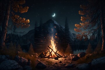 A campfire in the middle of a forest at night, a digital painting, Artstation, icon for weather app, the artist has used bright, realistic fire sharp focus by Generative AI